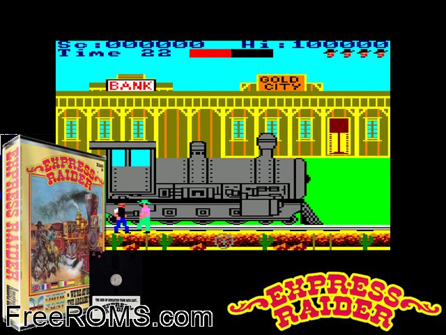 Express Raider (UK) (1986) [a1] Amstrad CPC game showing 3D box cover and gameplay screenshot